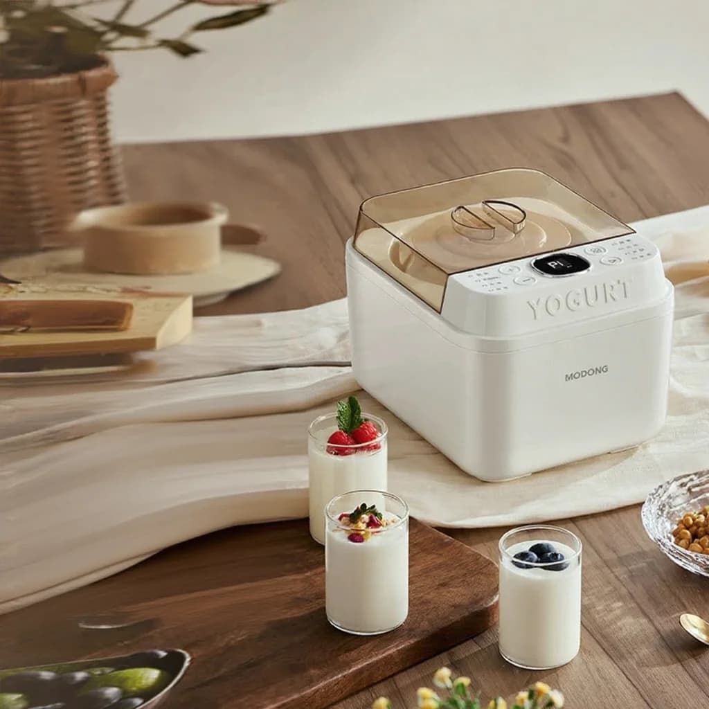 Elektrisk yoghurtmaskin med glaskärl och timer