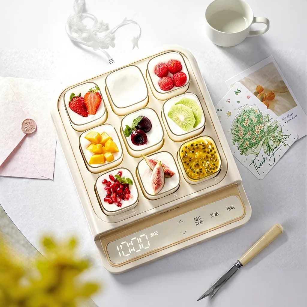 Elektrisk yoghurtmaskin med 9 koppfack och innergryta i glas
