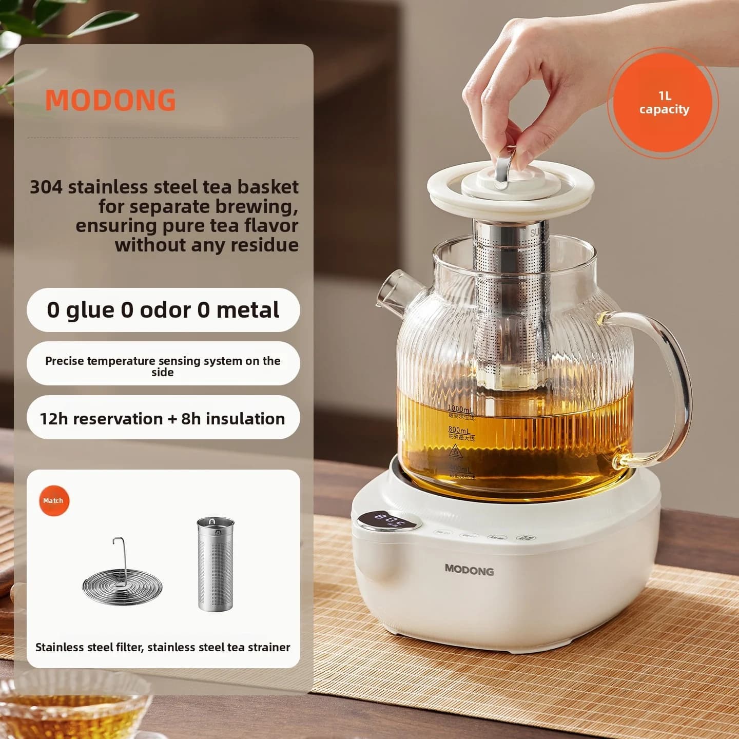 Elektrisk hälsokanna i glas med temperaturkontroll och tedämpare