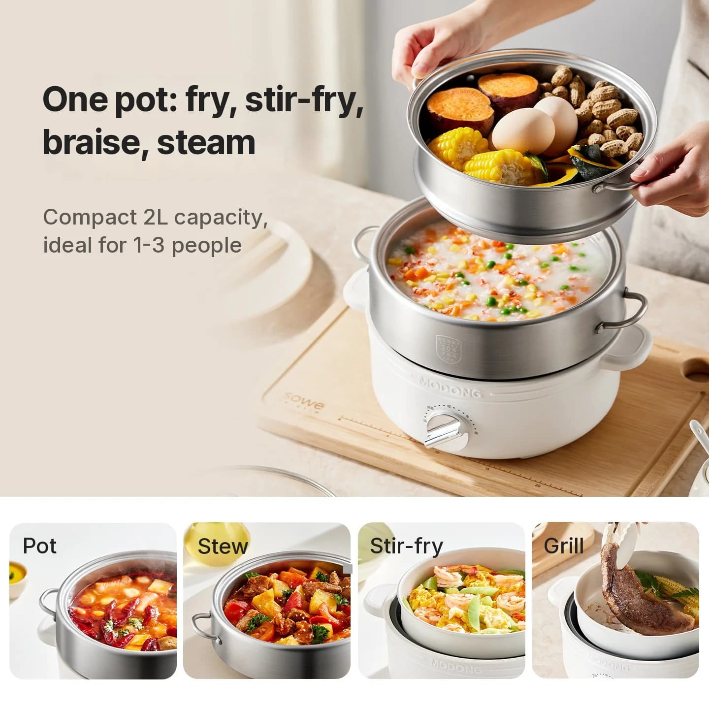 Delad elektrisk hot pot i rostfritt stål 2L, 3 värmelägen