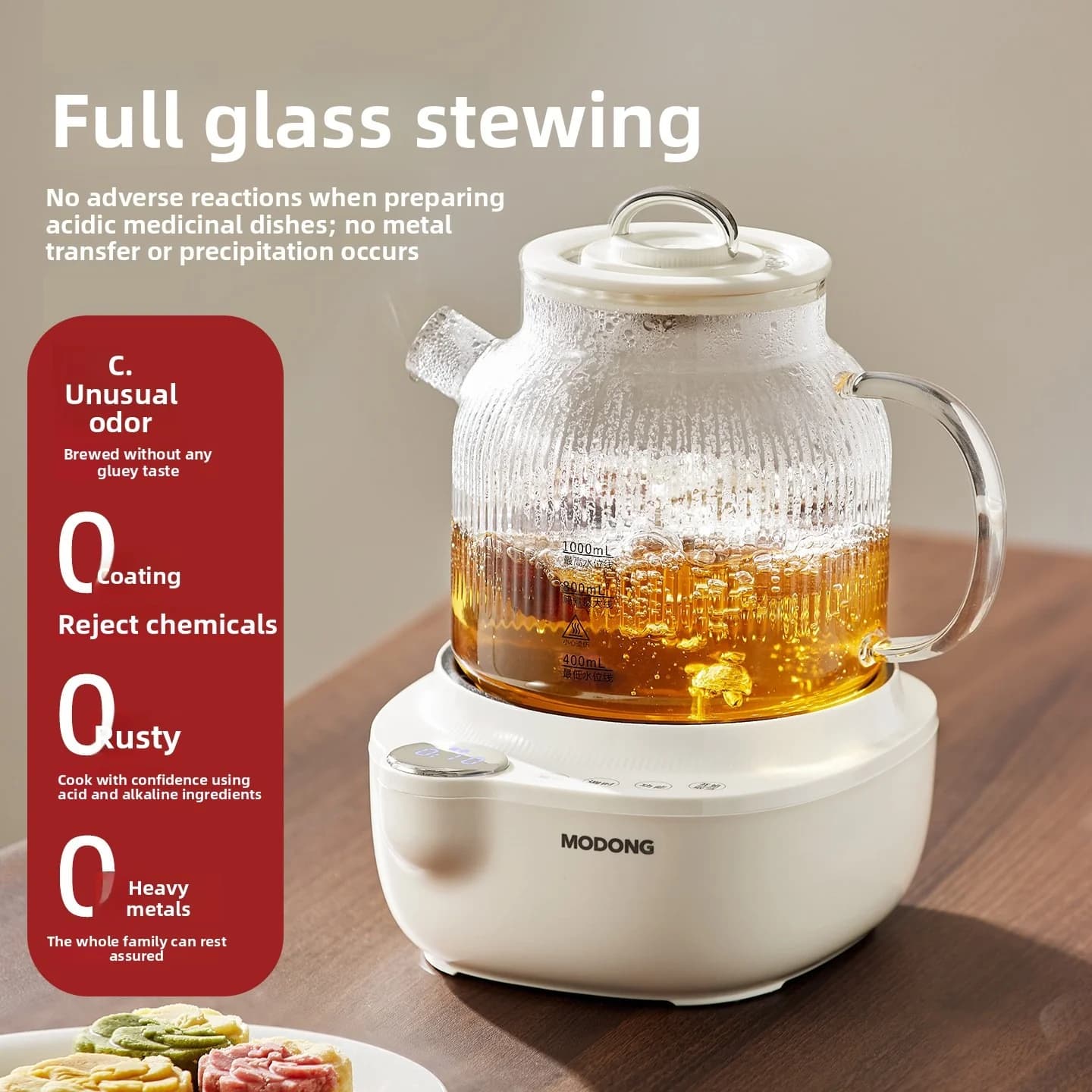 Elektrisk hälsokanna i glas med temperaturkontroll och tedämpare