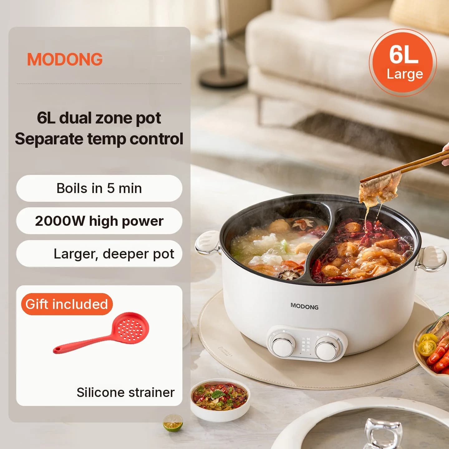 6L elektrisk hotpot med två zoner och oberoende temperaturkontroll