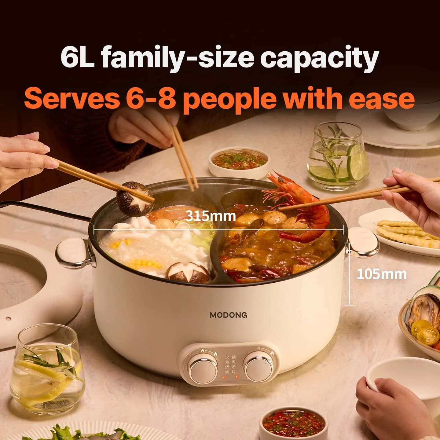 6L elektrisk hot pot med dubbla zoner och oberoende temperaturkontroll
