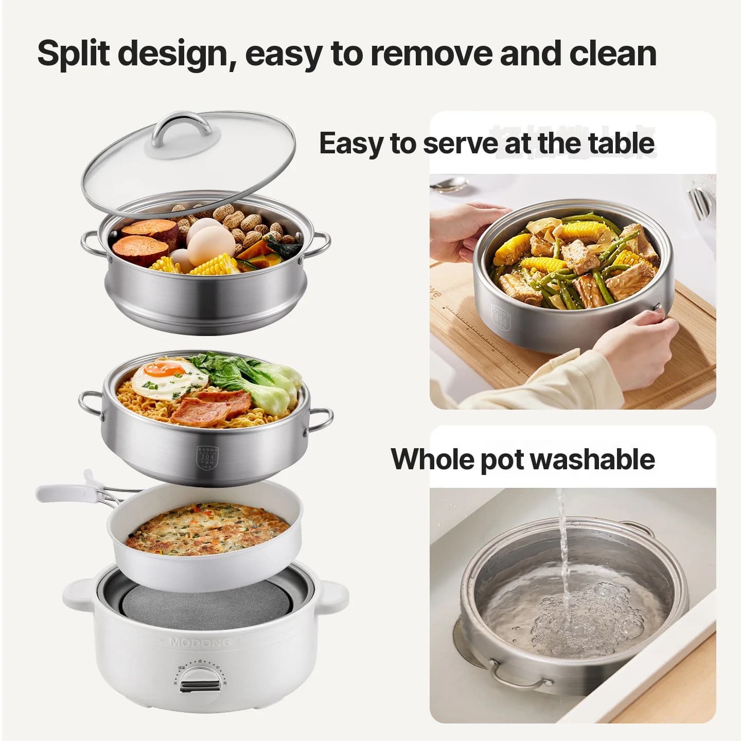 Delad elektrisk hot pot i rostfritt stål 2L, 3 värmelägen