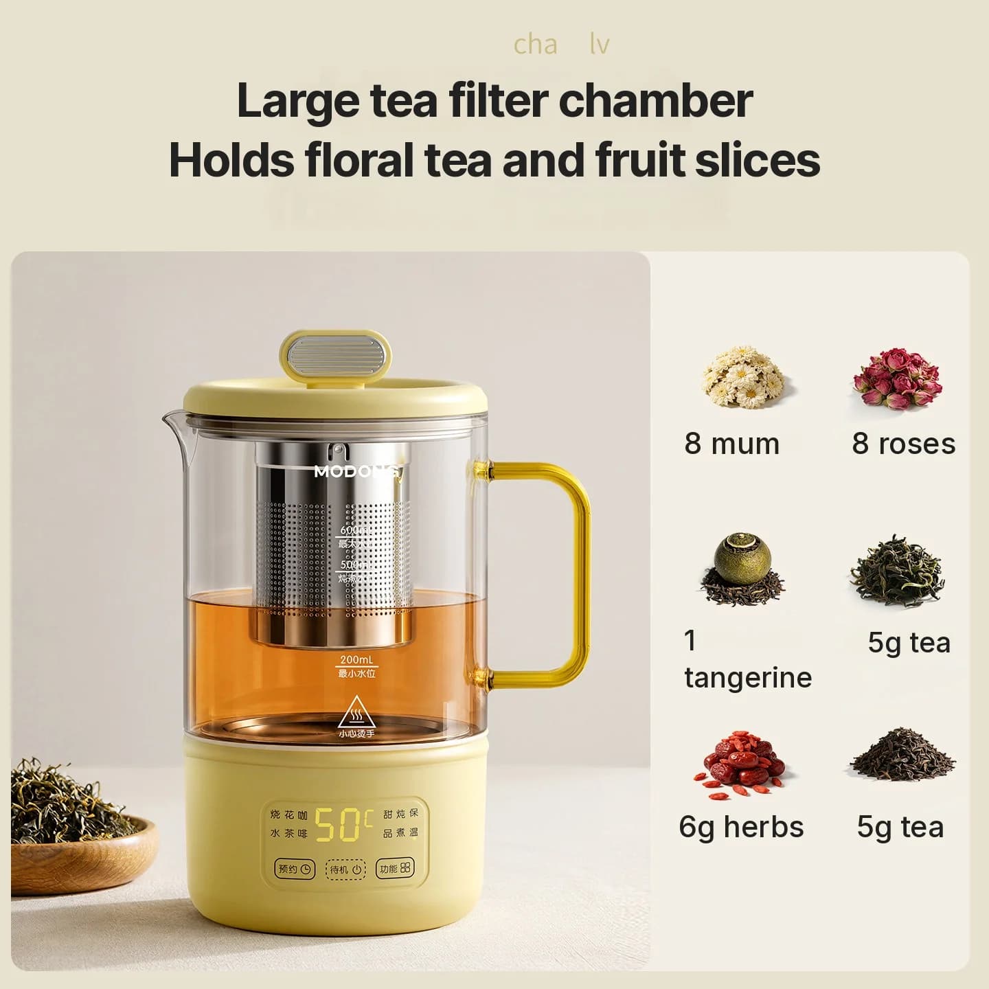 Glas elektrisk hälsokanna 600ml 500W med varmhållning och timer