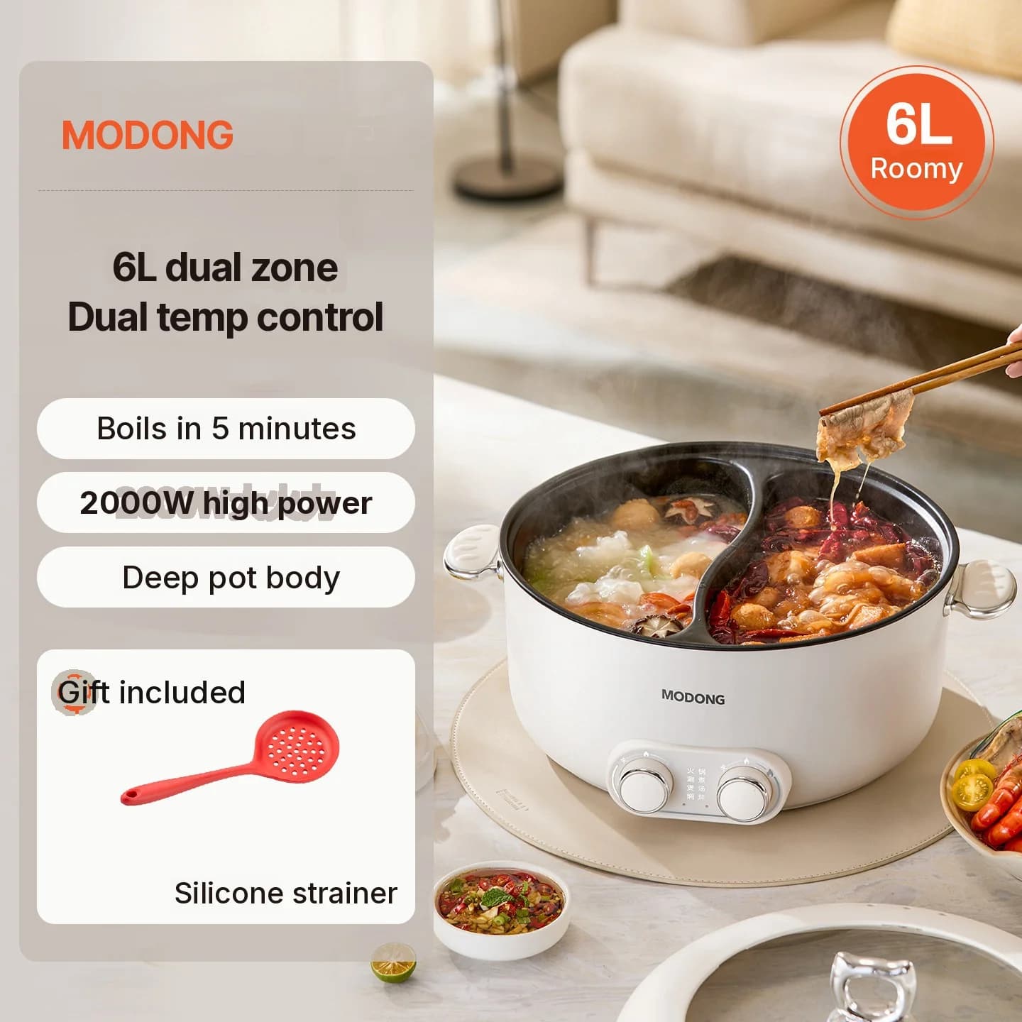 6L elektrisk hot pot med dubbla zoner och oberoende temperaturkontroll