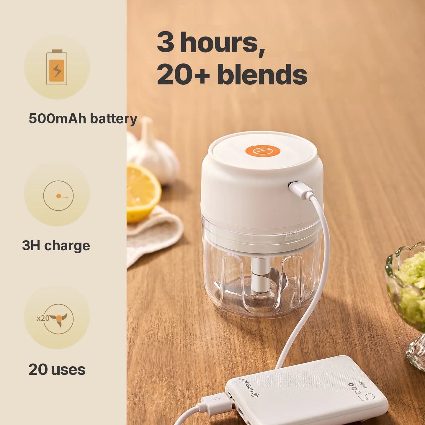 Trådlös elektrisk vitlökshackare kopp 250mL 5V 30W plast