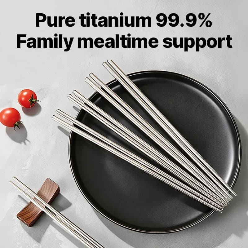 Set med 5 par ätpinnar i rent titan, 23 cm, spegelpolerade