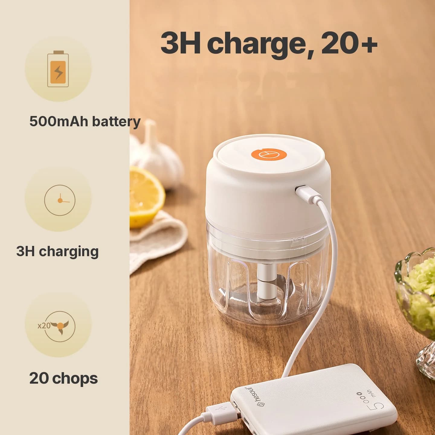 Trådlös elektrisk vitlökshackare 250mL 5V 30W Plast