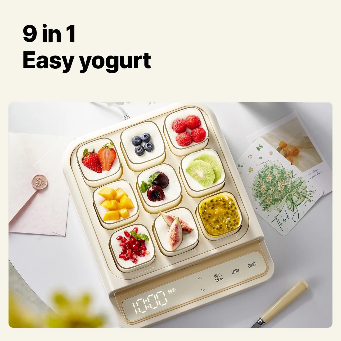 Yoghurtmaskin för 9 koppar med glasinsats och timer
