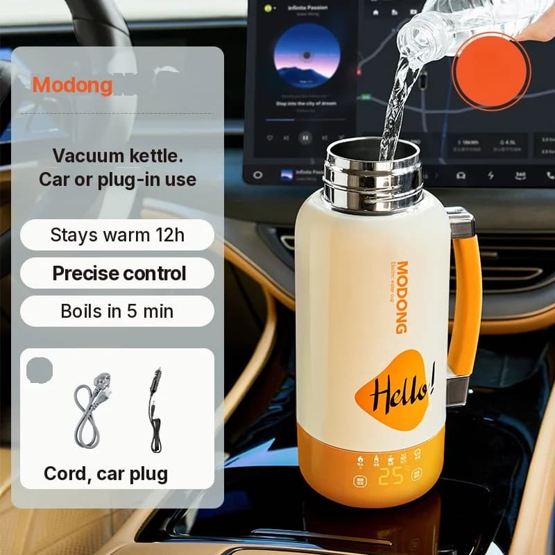 Bärbar elektrisk värmekittel med mugg för bil och nätanslutning 1L 316 rostfritt stål