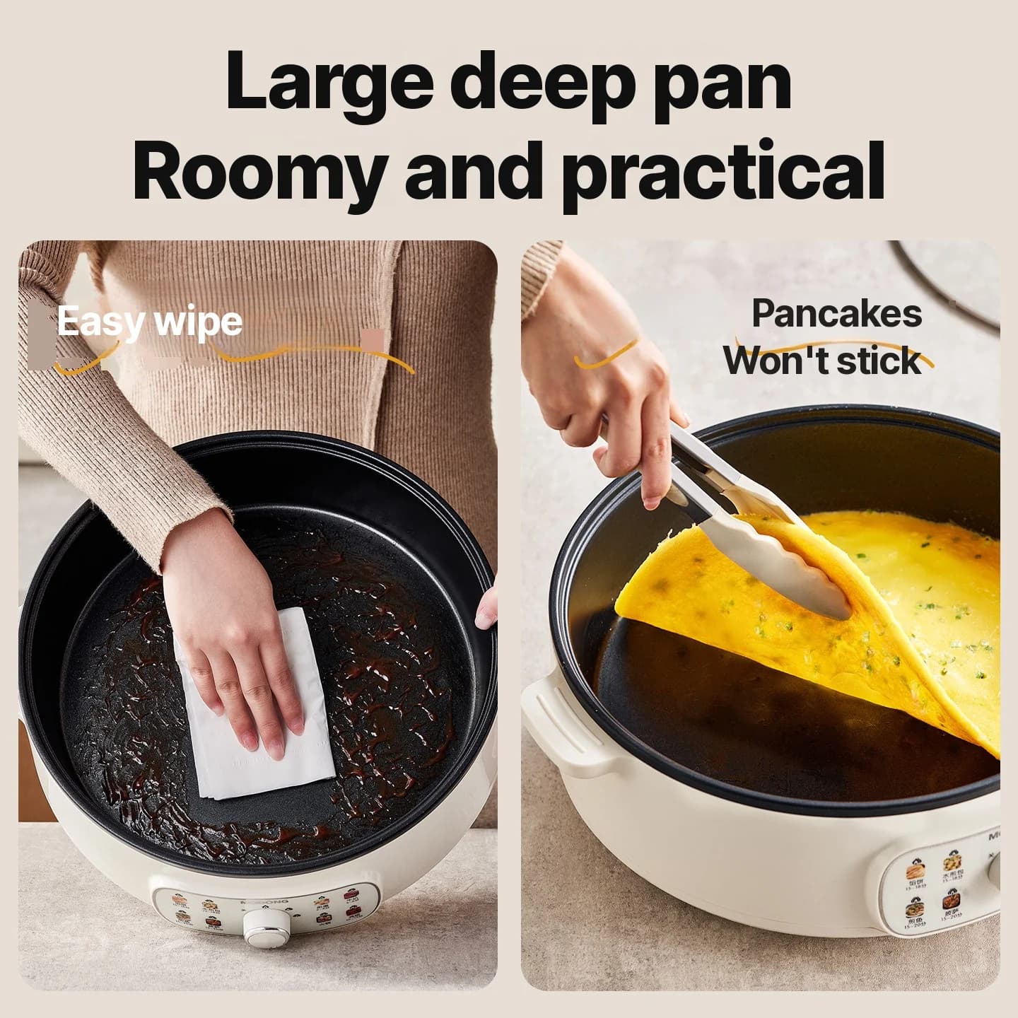 Elektrisk stekpanna med lock 1800W 3 värmelägen Non-Stick