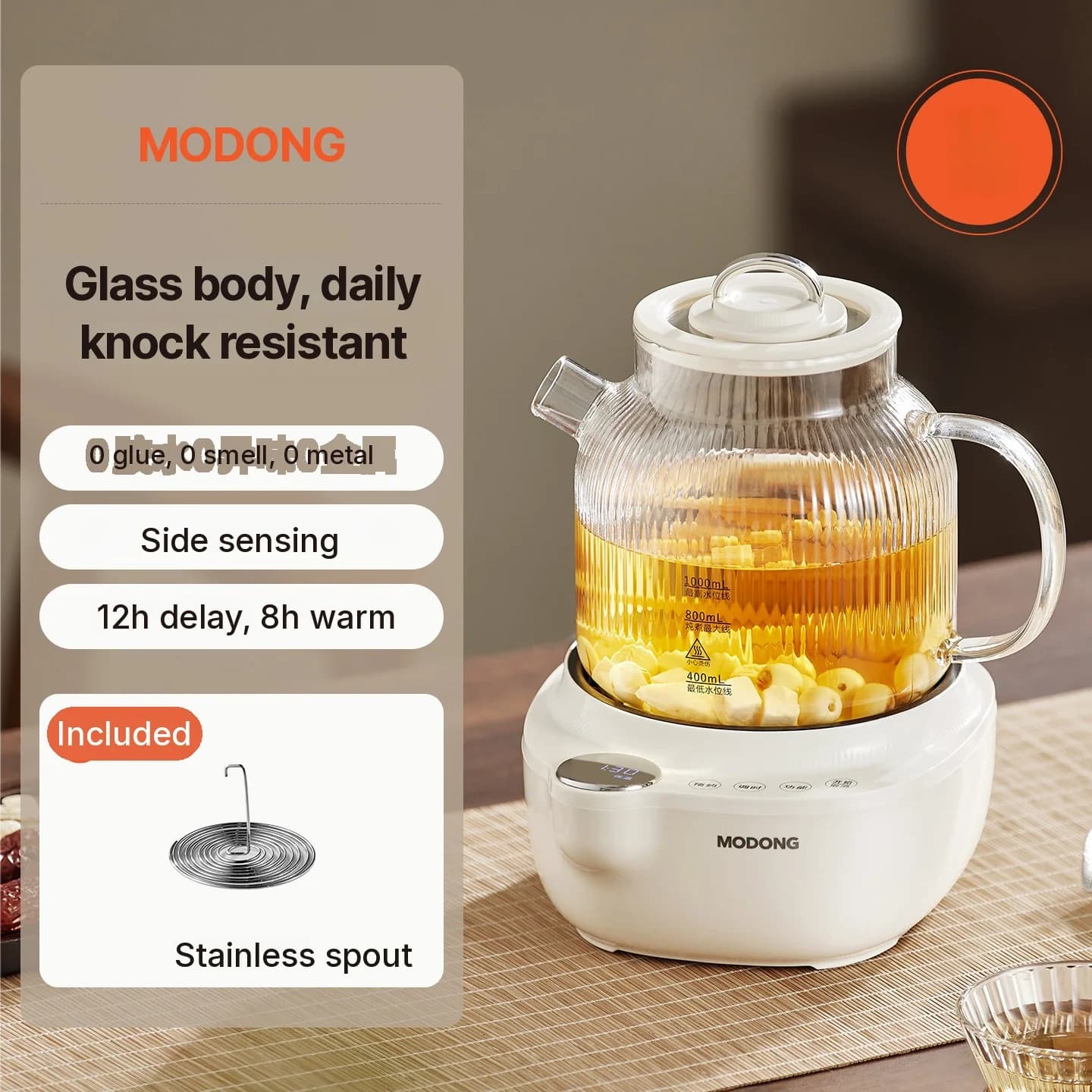 Elektrisk hälsokanna i glas med temperaturkontroll och tedämpare