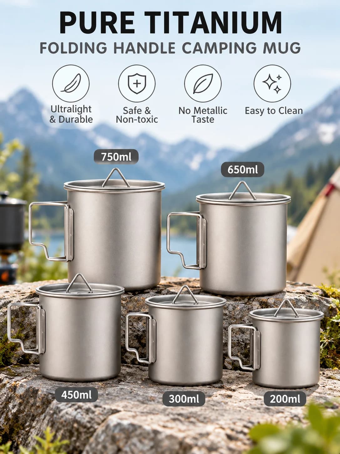 Hopfällbar campingmugg i ren titan