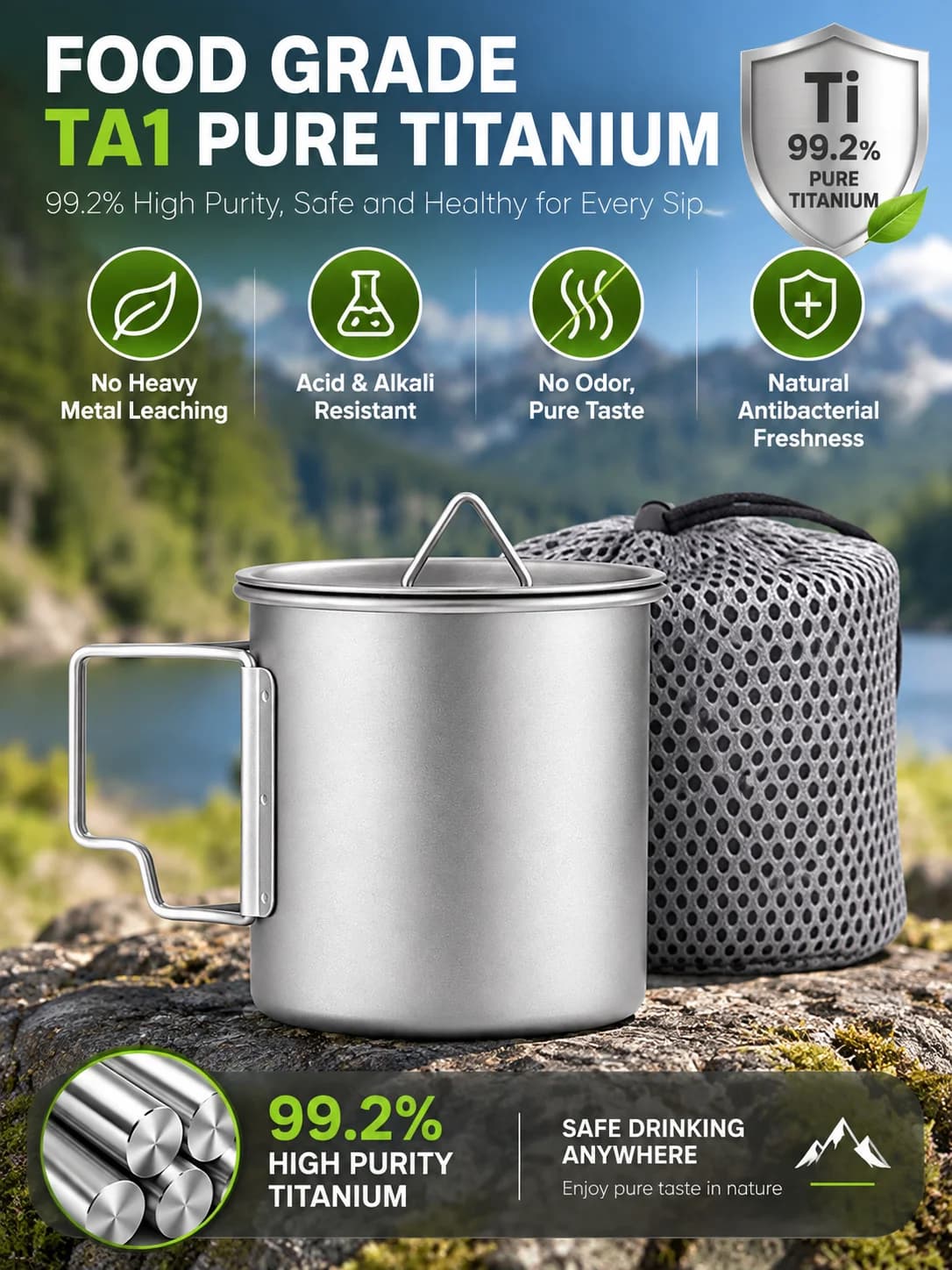 Hopfällbar campingmugg i ren titan