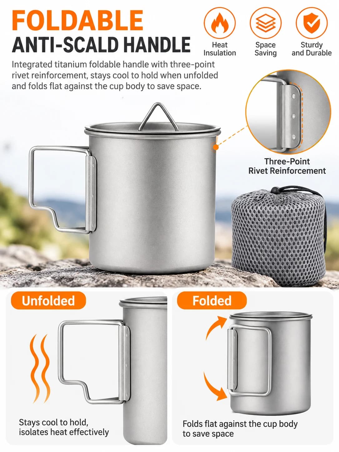 Hopfällbar campingmugg i ren titan